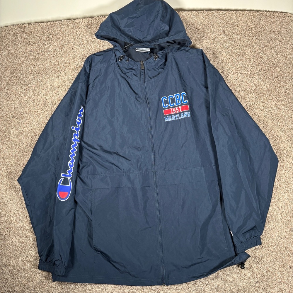 Champion CCBC Maryland 1957 Mens 2XL Blue Full Zip Hooded Windbreaker Jacket